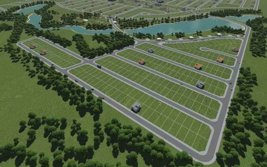 Masterplan 3D do bairro planejado com lago central